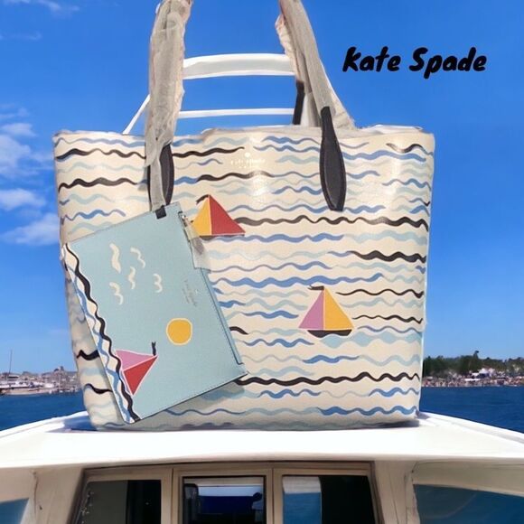 KATE SPADE SET SAIL LARGE LEATHER TOTE BAG BEACH SUMMER WITH COSMETIC WRISTLET - Picture 1 of 8